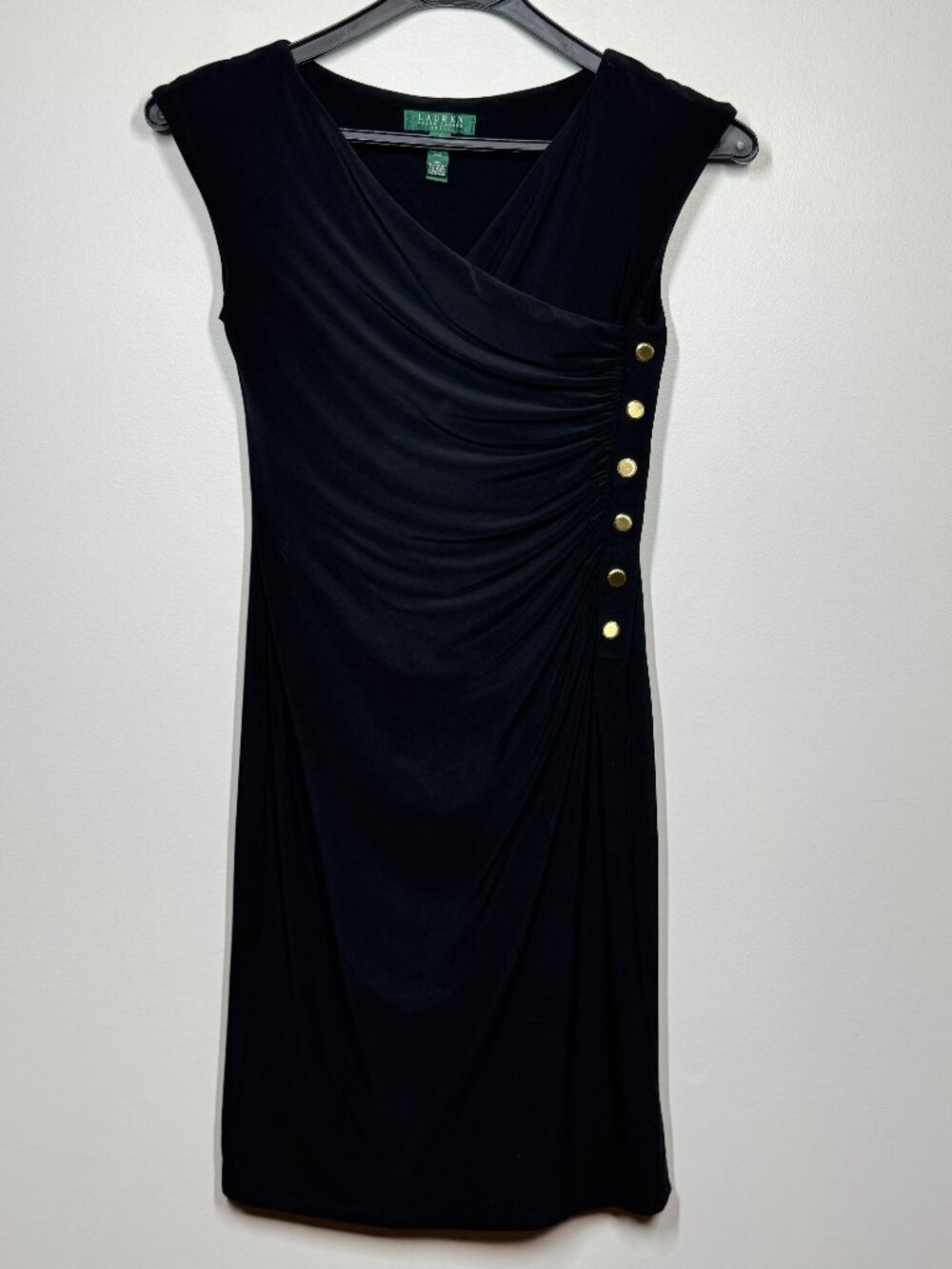Lauren Ralph Lauren Black Ruched GoldโButton Sheath Dress, Size 4